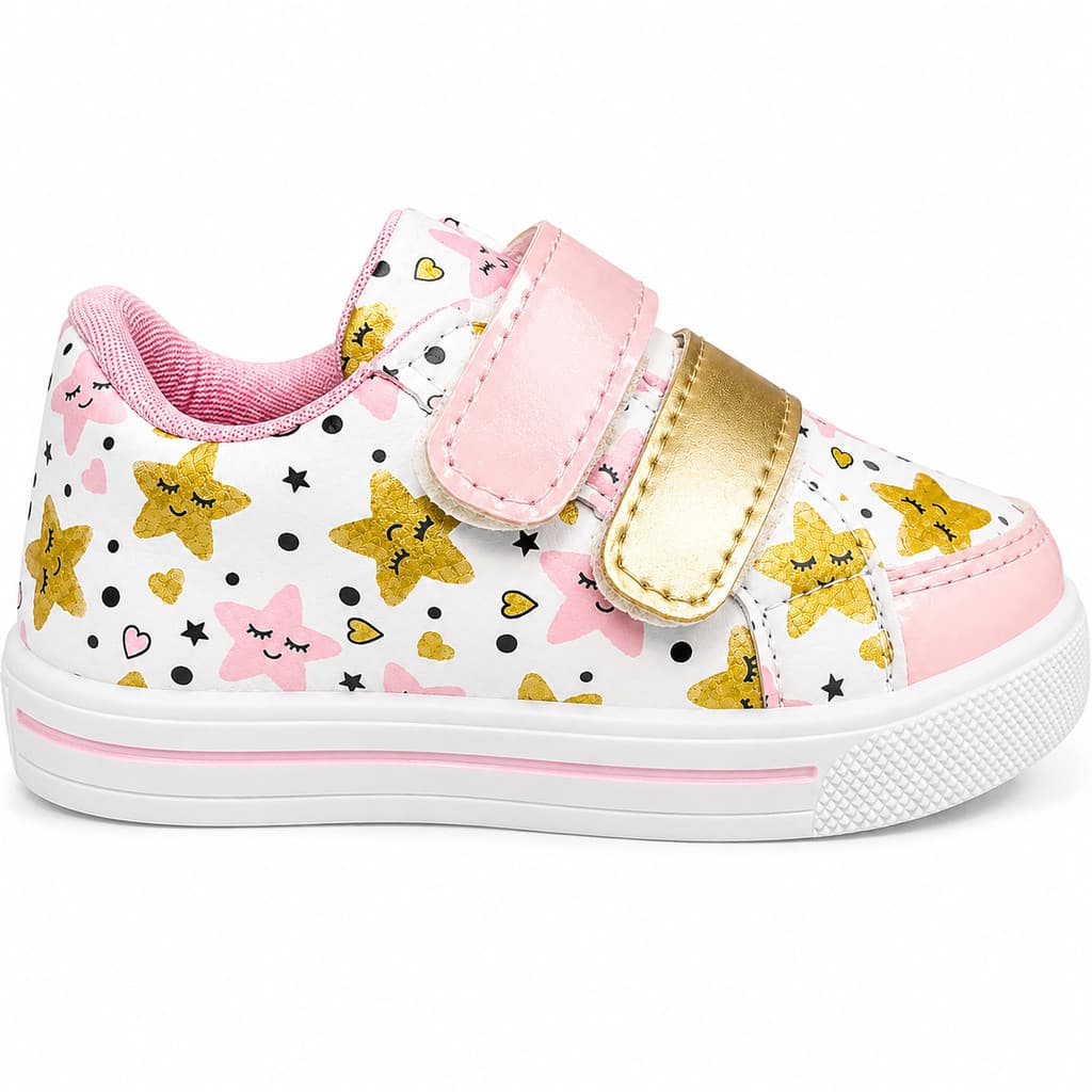 Tênis Infantil Menina Rosa e Dourado Estrelas