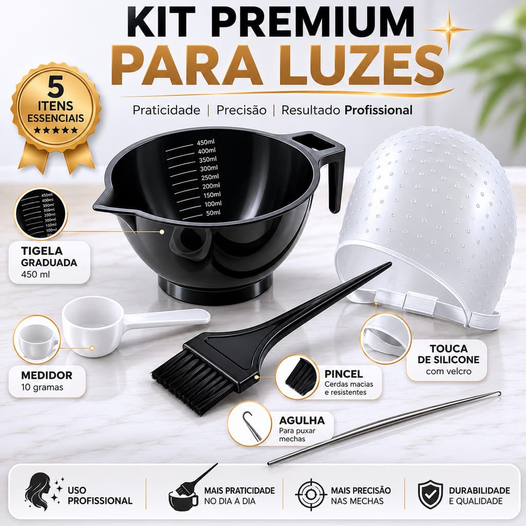 Kit Premium Luzes Mechas Profissionais 5 Itens:Tigela graduada 450ml + Pincel + Medidor 10g + Touca de silicone + Agulha