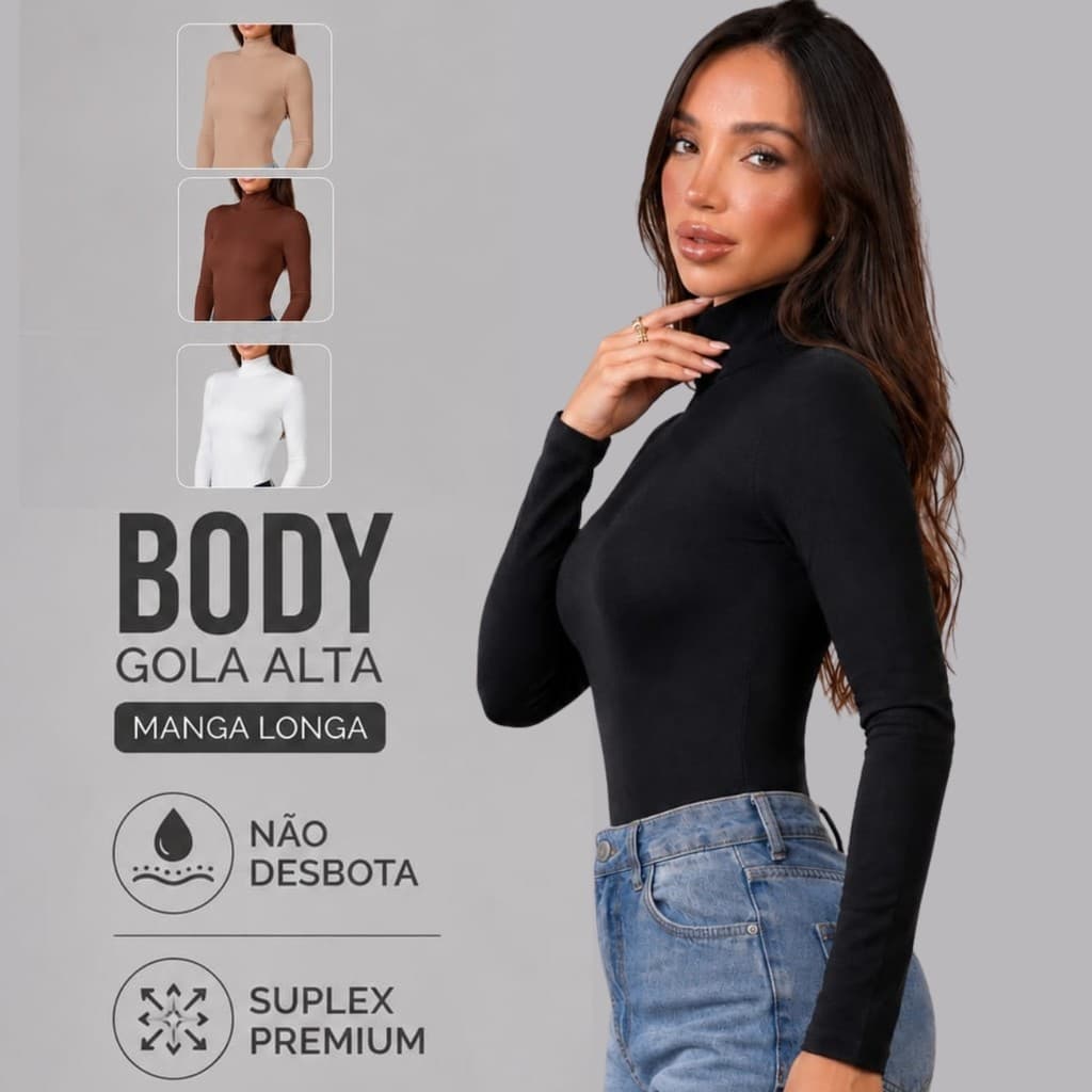 Body Feminino Cacharrel Manga Longa Gola Alta Suplex Premium Segunda Pele Inverno Elegante