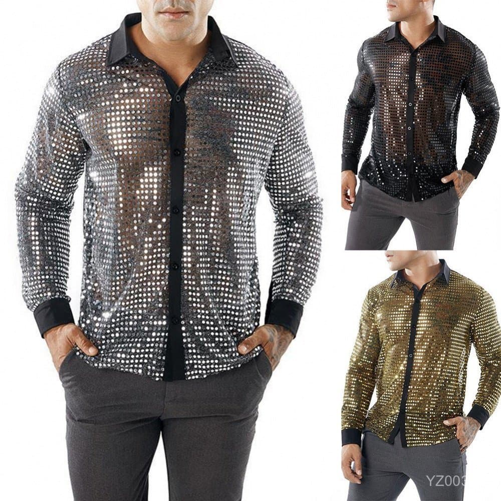 Camisa Retrô de Lantejoulas para Festa Disco Anos 70 Manga Longa Brilhante QI5P
