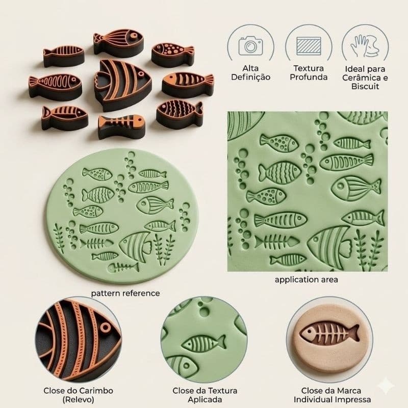 Kit Carimbo Peixes para Cerâmica Argila Biscuit Artesanato Cerâmica Fria
