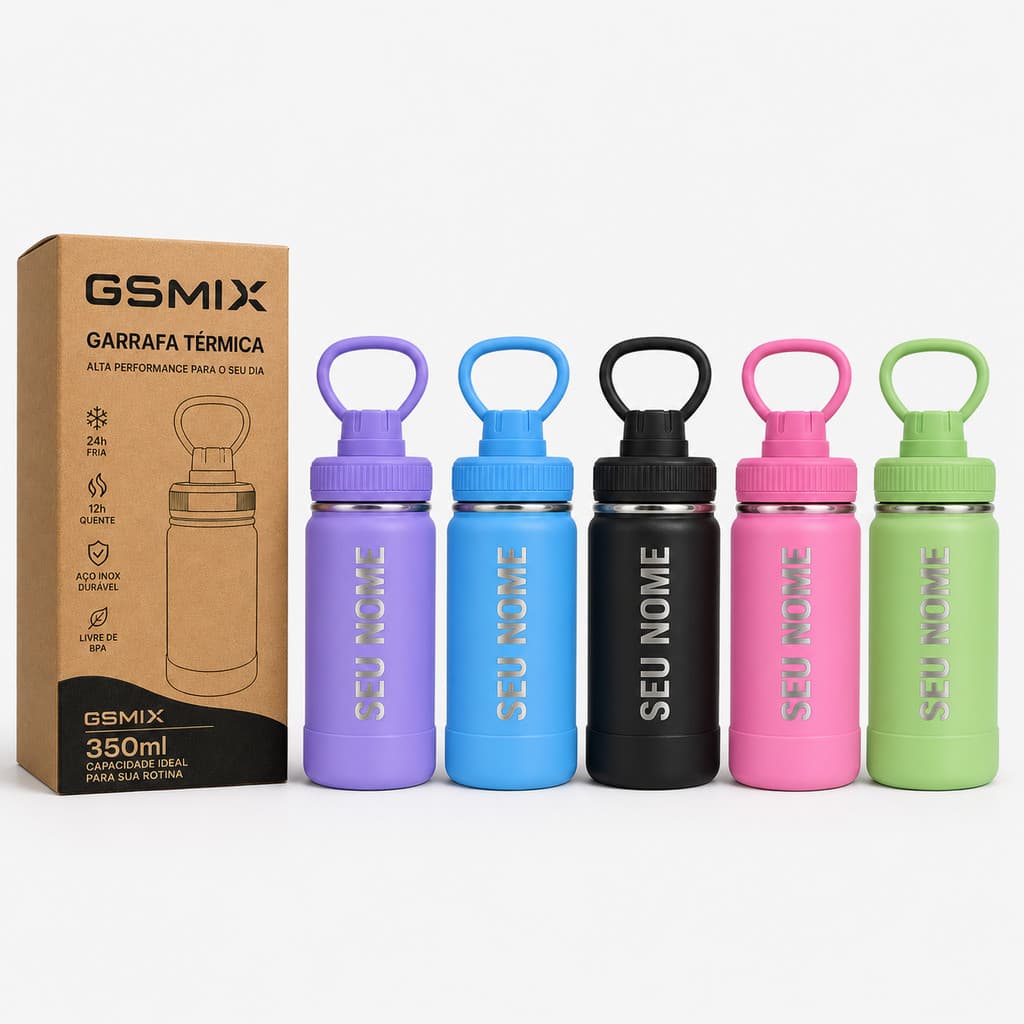 Garrafa Térmica Personalizada Nome Inox Água 350ml Escolar com Base Proteção Silicone