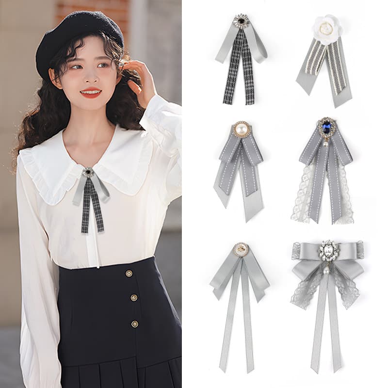 Camisa gravata borboleta feminina gravata borboleta decoração pino camisa estilo Preppy britânico versão coreana cinza c