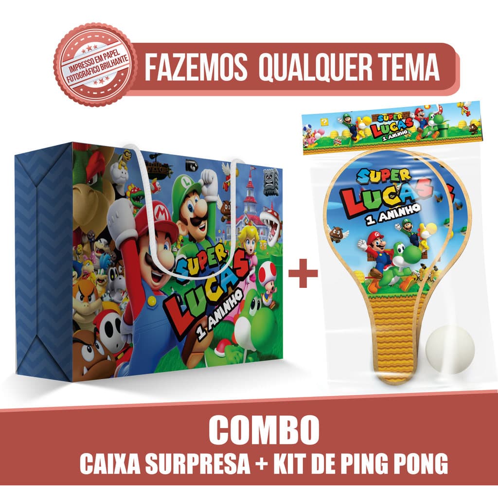 5, 10, 15 ou 20 unid - COMBO | Caixa + Kit Raquete De Ping Pong - Super Mario - Lembrancinha / Brinquedo / Luxo