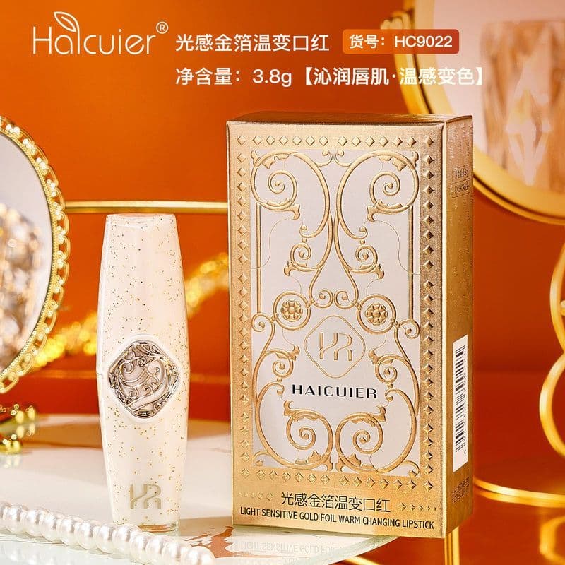 Batom com mudança de temperatura de folha de ouro, cristal transparente, luz macia, sensação de temperatura, mudança de