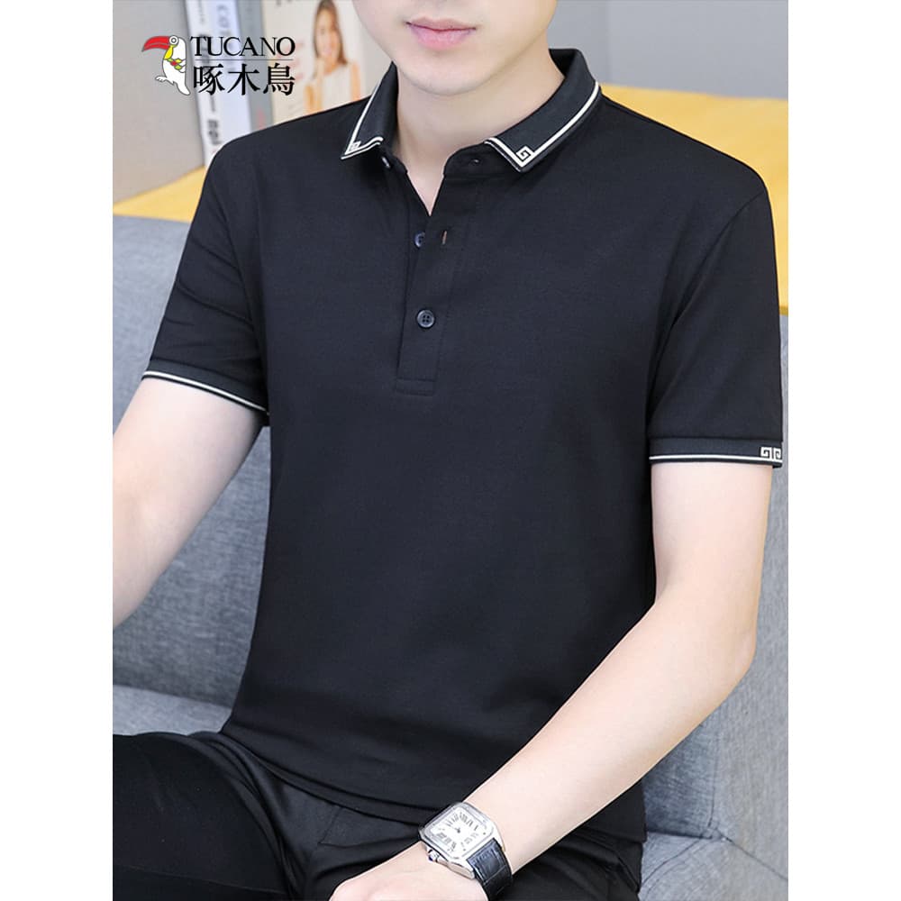 Woodpecker verão camisa POLO de manga curta masculina de meia-idade juventude puro algodão lapela camiseta masculina mag