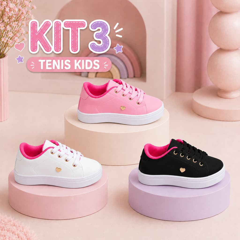 Kit 3 Pares Tênis Infantil Menina Escolar Preto Branco Casual Confortável Leve Macio Para o Colégio