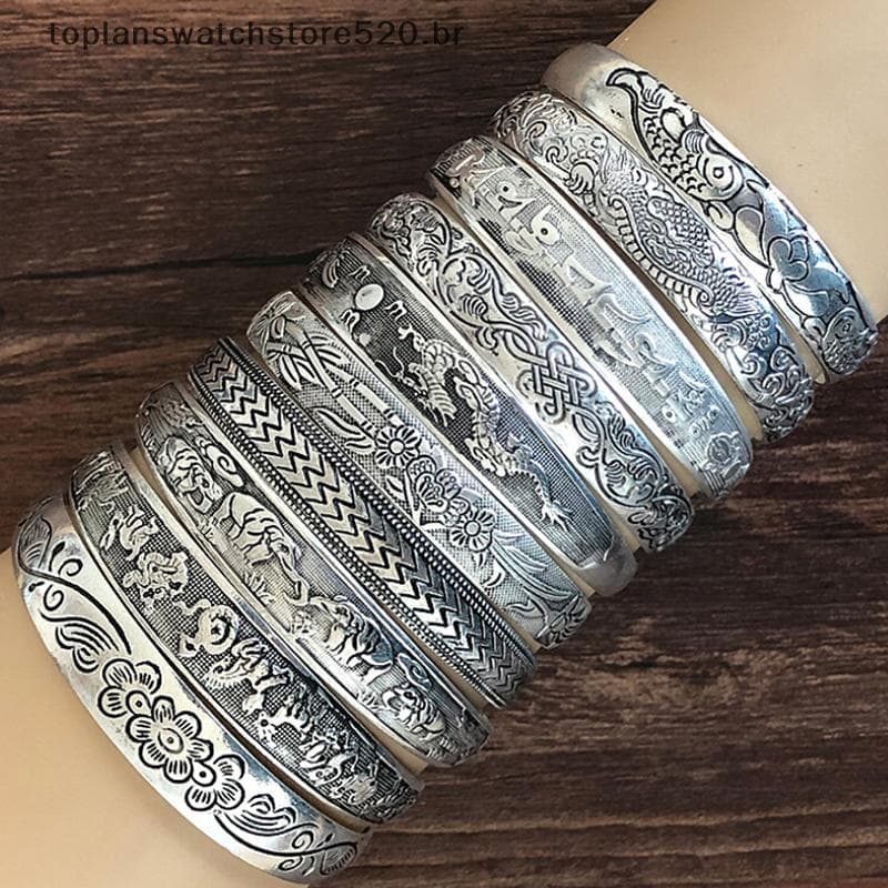 TOPLA Retro Abertura Pulseira Joias Vintage Tibetano Prata Totem Esculpida Cuff