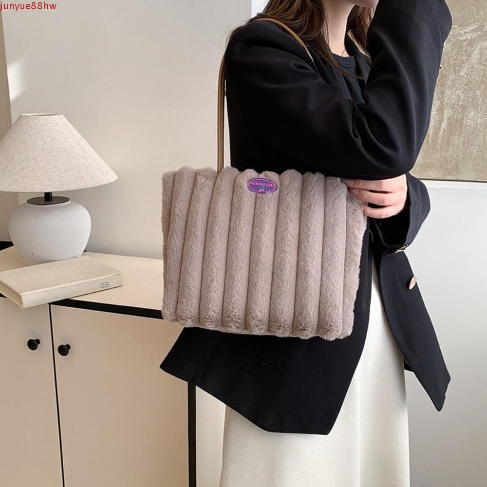 Bolsa Tote Peluda JUNYUE , De Ombro De Pelúcia Com Listras Macias Viagem Portátil Botão De Cor Sólida