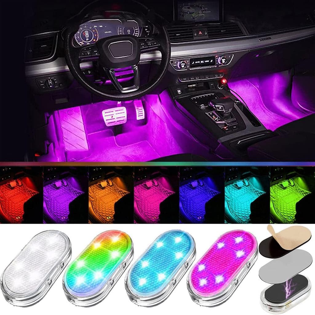 4 Peças de Luzes LED para Interior de Carro Sem Fio, Luzes de Interior de Carro com 7 Cores e 6 Lâmpadas LED Brilhantes,