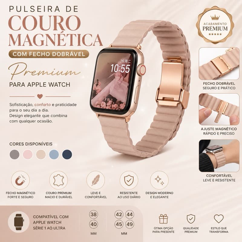 Pulseira couro Magnética com fecho Dobrável Premium para Apple Watch