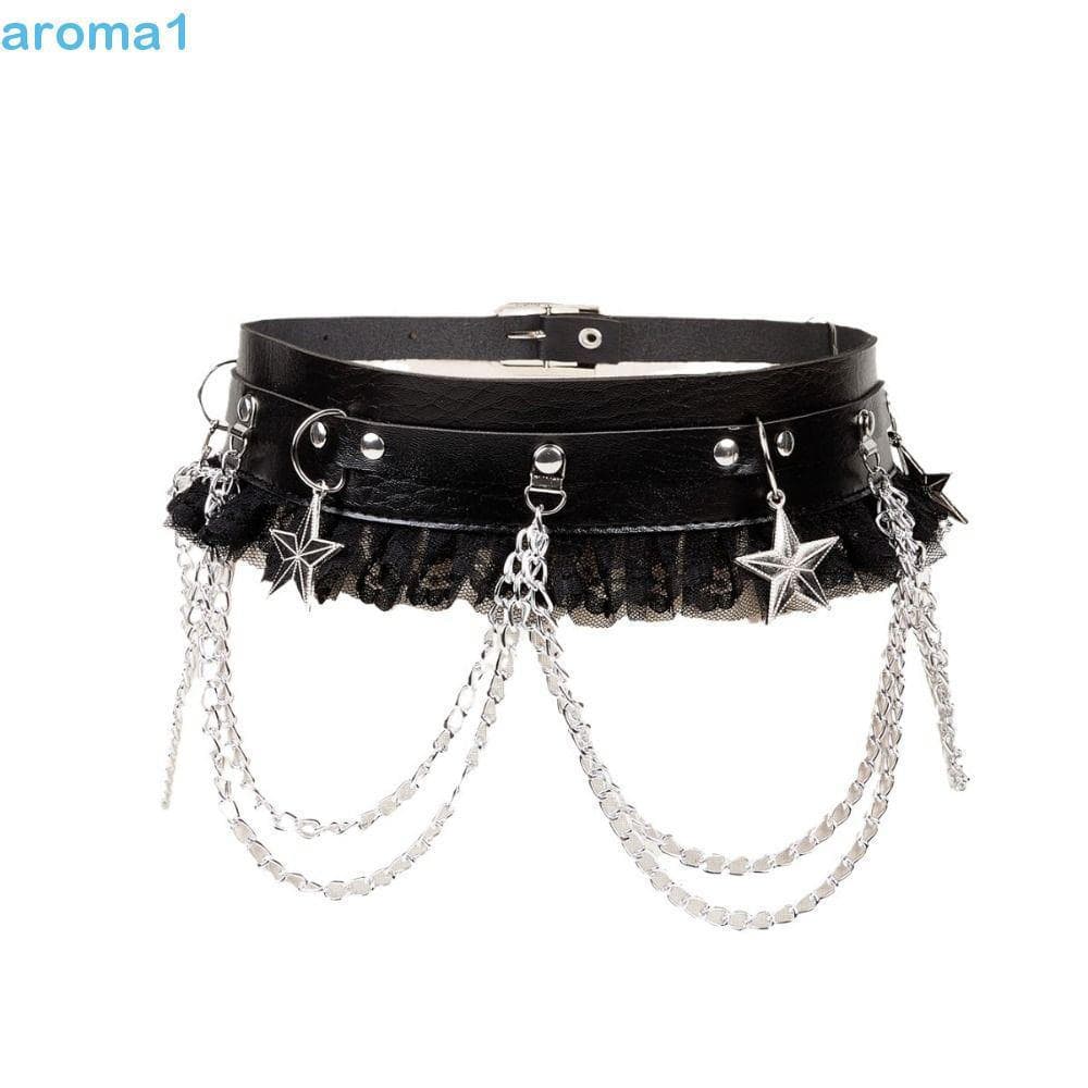 AROMA1 Cinto Punk De Corrente Escura , De Cintura Fashion Com Retalhos De Renda , Jaqueta De Couro Embelezada