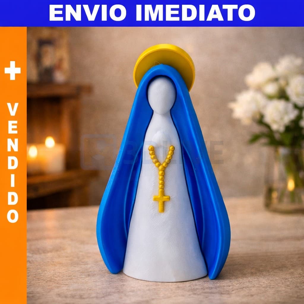 Escultura Decorativa Nossa Senhora com Manto Azul e Halo Dourado
