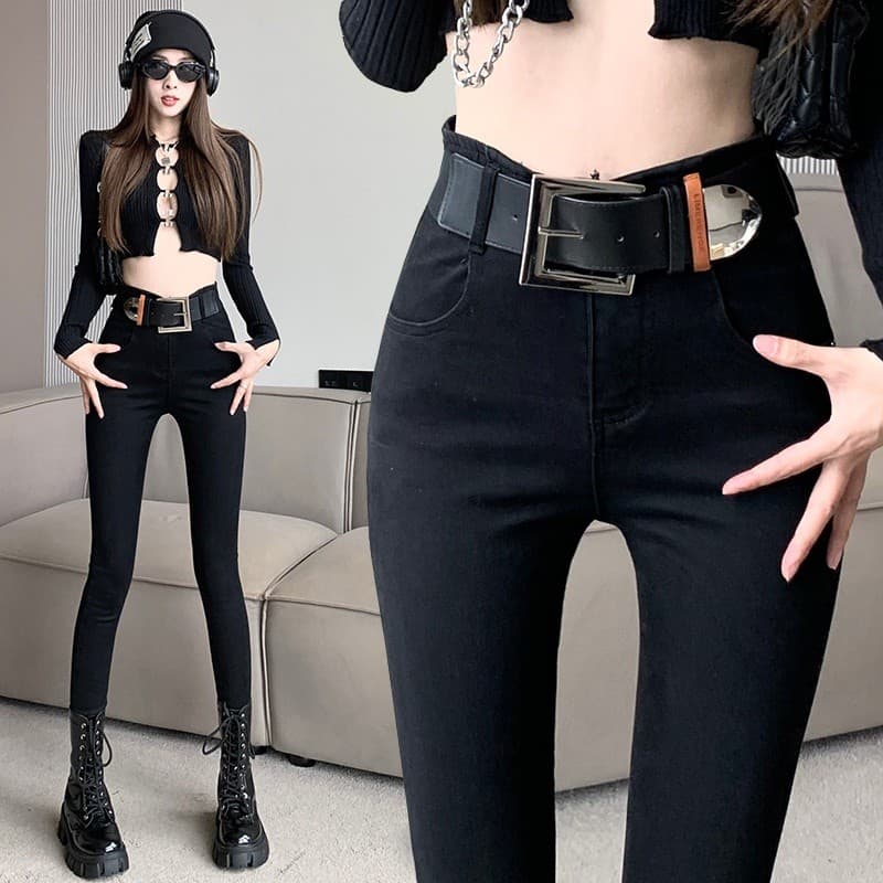 Moda Super elástico forro de lã senhoras novo estilo 2025 outono Jeans calças magras femininas outono inverno alta elast