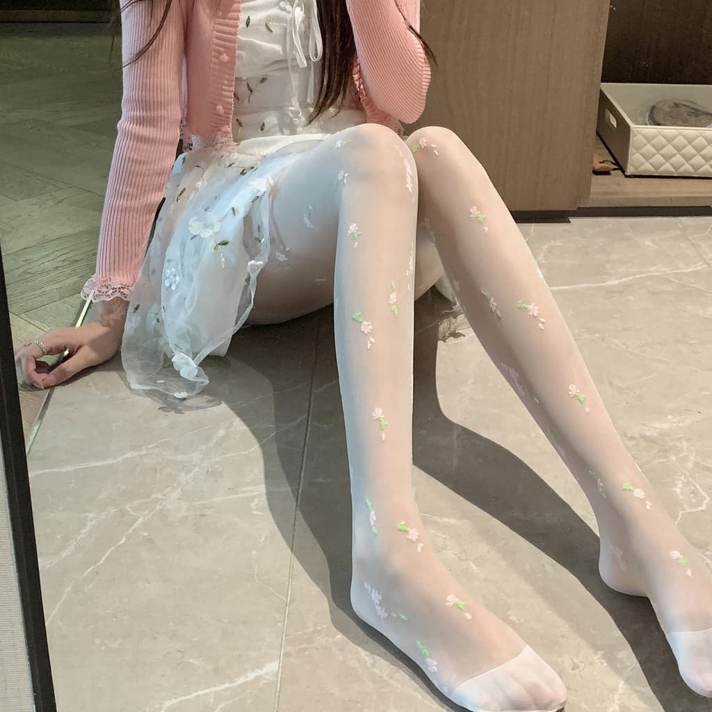 Meia-calça Jacquard japonesa menina pequenas meias florais branco verão fino ins estilo influenciador flor rosa