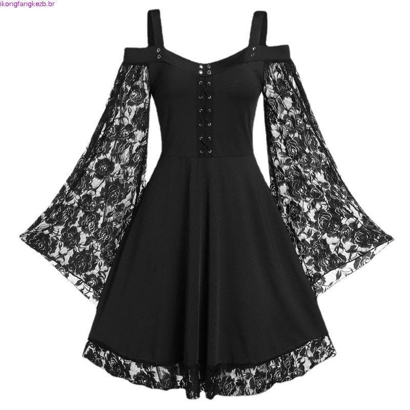 CLO Vestido Feminino Gótico Punk Renda Costura Sino Swing Ombro Frio Linha A Roupa Festa Hall