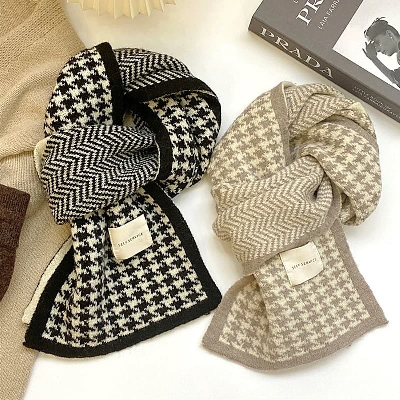 Houndstooth cachecol feminino outono inverno versão coreana Retro curto de malha quente estudante casal babador proteger