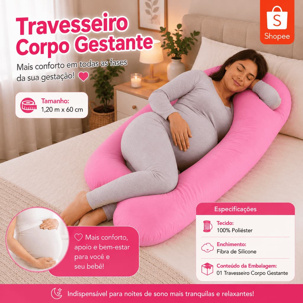Almofada Gestante U 1,20m Corpo Inteiro para Gravidez – Travesseiro Confortável com Fibra Siliconada