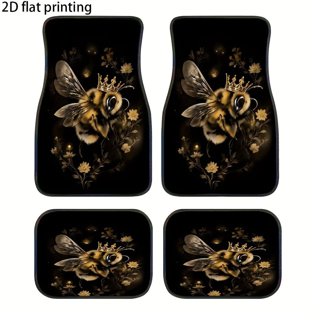 Tapetes de pés de carro de 4 peças, padrões de flores de abelha de coroa dourada, material universal, quatro estações ap