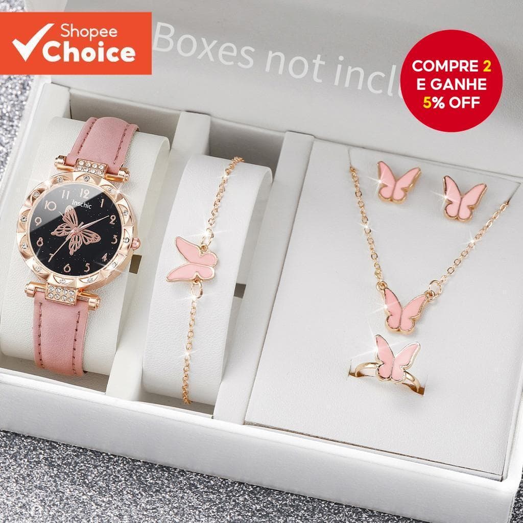 Conjunto De Relógio Feminino Elegante De 6 Peças , Mostrador Borboleta Com Strass , Pulseira De Couro , Presente