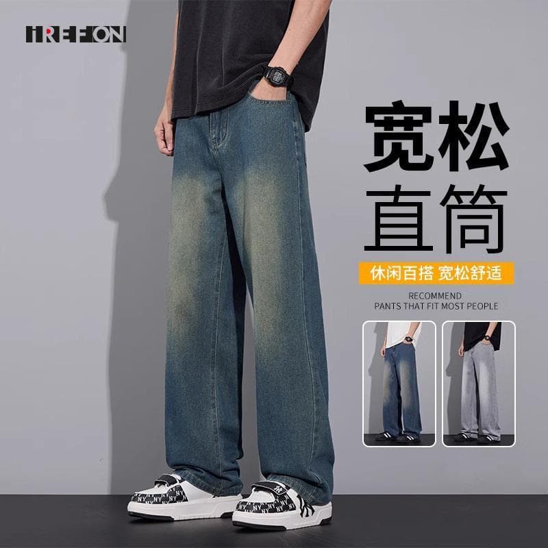 Calças de brim lavadas desgastadas masculinas street Wear Retro High street solto calças retas perna larga Casual calças