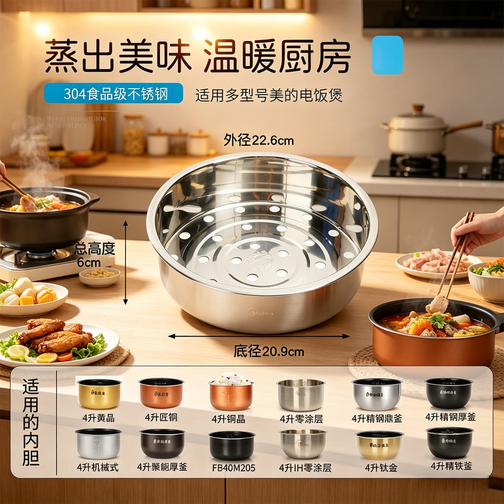 Adequado para panela de arroz Midea Steamer 304 Grade de vapor de aço inoxidável 3 litros 4 litros 5 litros Rack de vapo