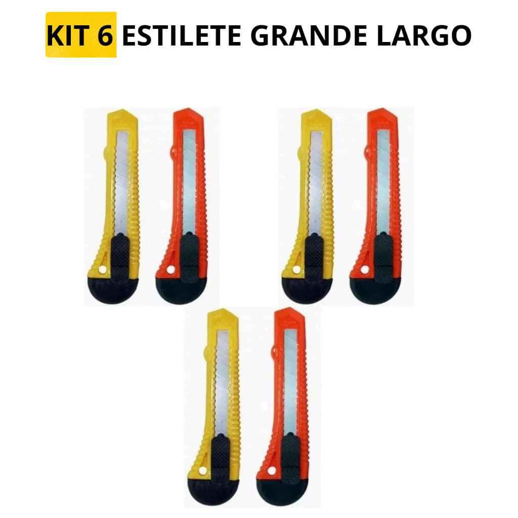 KIT 6 Estilete Grande Largo 18mm Masterprint Cortar Papelão Caixa Plastico Escritorio