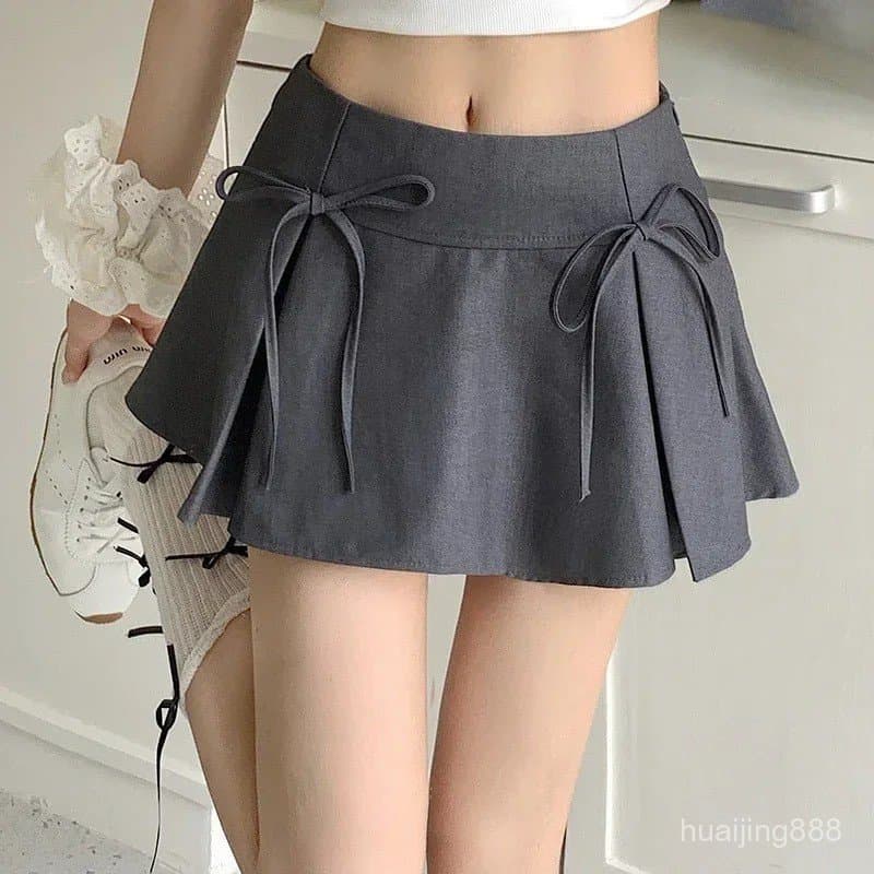 Saia Mini Feminina de Cor Sólida com Laço, Cintura Baixa, Plissada, Curta, Verão, Estilo Y2K 90s Preppy Coreano, Look Fo