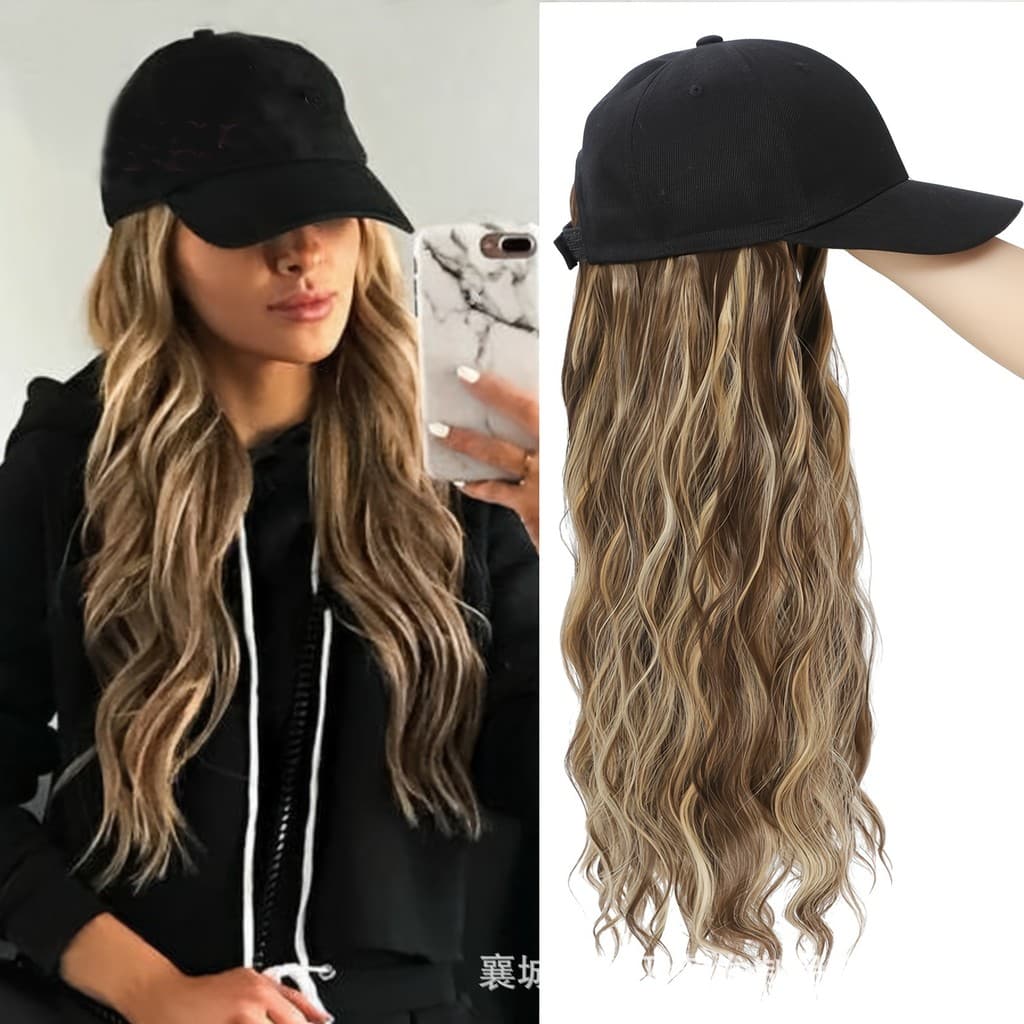 Peruca feminina boné de cabelo médio longo com peruca uma peça 22 polegadas cabelo encaracolado arnês completo pronto es