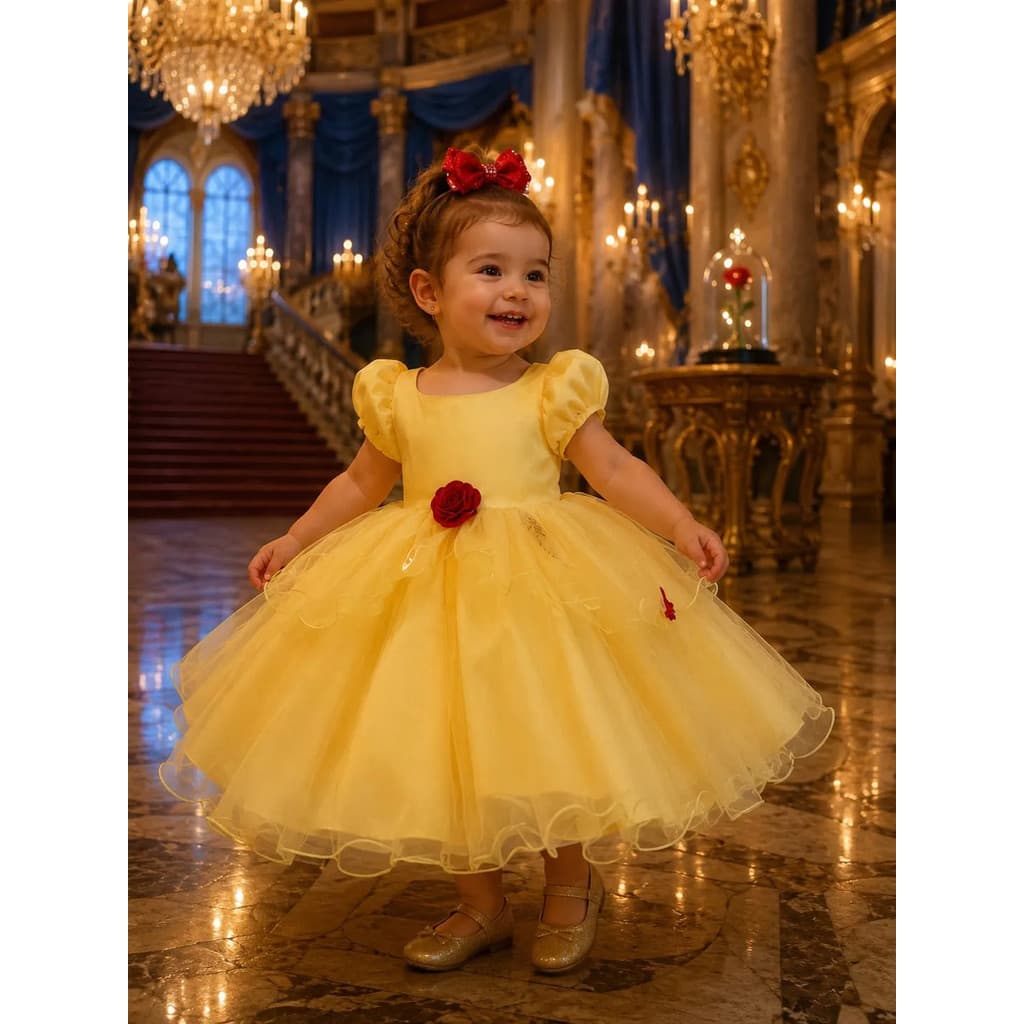 Vestido Infantil Temático Bela E A Fera Princesa Luxo 1 Ao 3
