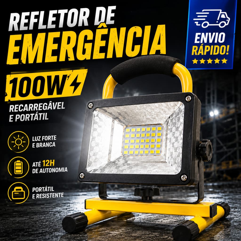 Refletor LED 100W Portátil Recarregável Bateria Sem Fio Luz Emergência SOS Para Camping E Oficina Paylow