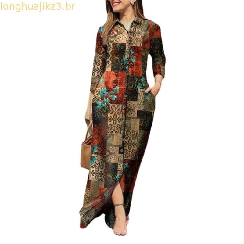 Vestido Maxi Casual Feminino com Estampa Floral, Gola de Lapela e Botões N0425