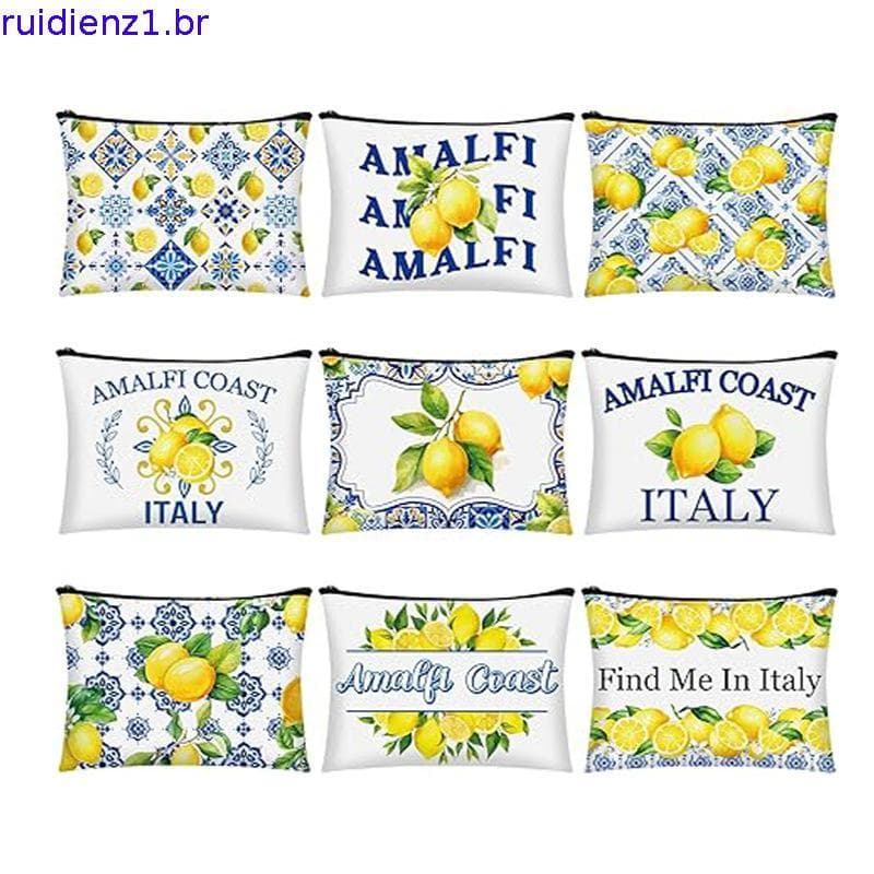 9 Peças de Necessaire de Maquiagem da Costa de Amalfi, Itália, com Estampa de Limões, Bolsa de Viagem Romântica com Tema