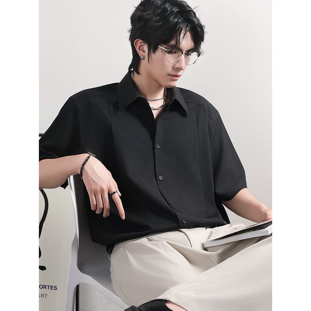 Verão preto camisa de manga curta masculina não-ferro Anti-rugas solto High-End camisa tamanho grande Casual Drape pliss