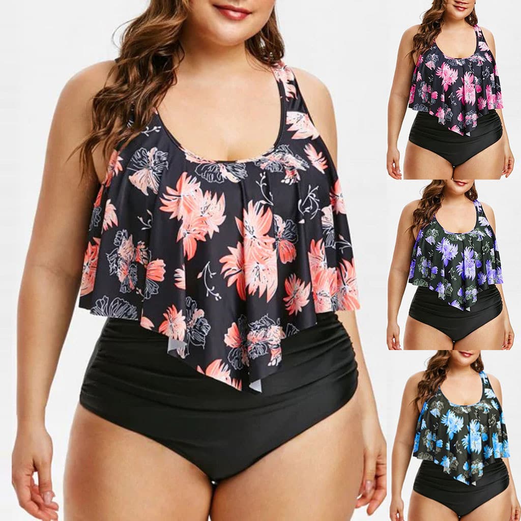 Europeu americano maiô novo estilo biquíni cintura alta babados impresso maiô listrado Split bikini Plus Size maiô