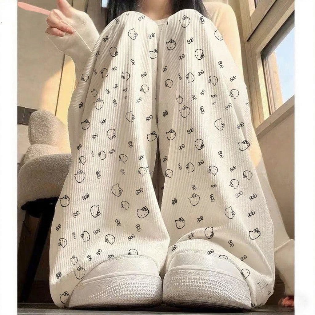 Xinjiang armazém calças de pijama olá Kitty calças de perna larga feminino verão estilo fino seda gelo Floral Casual cas