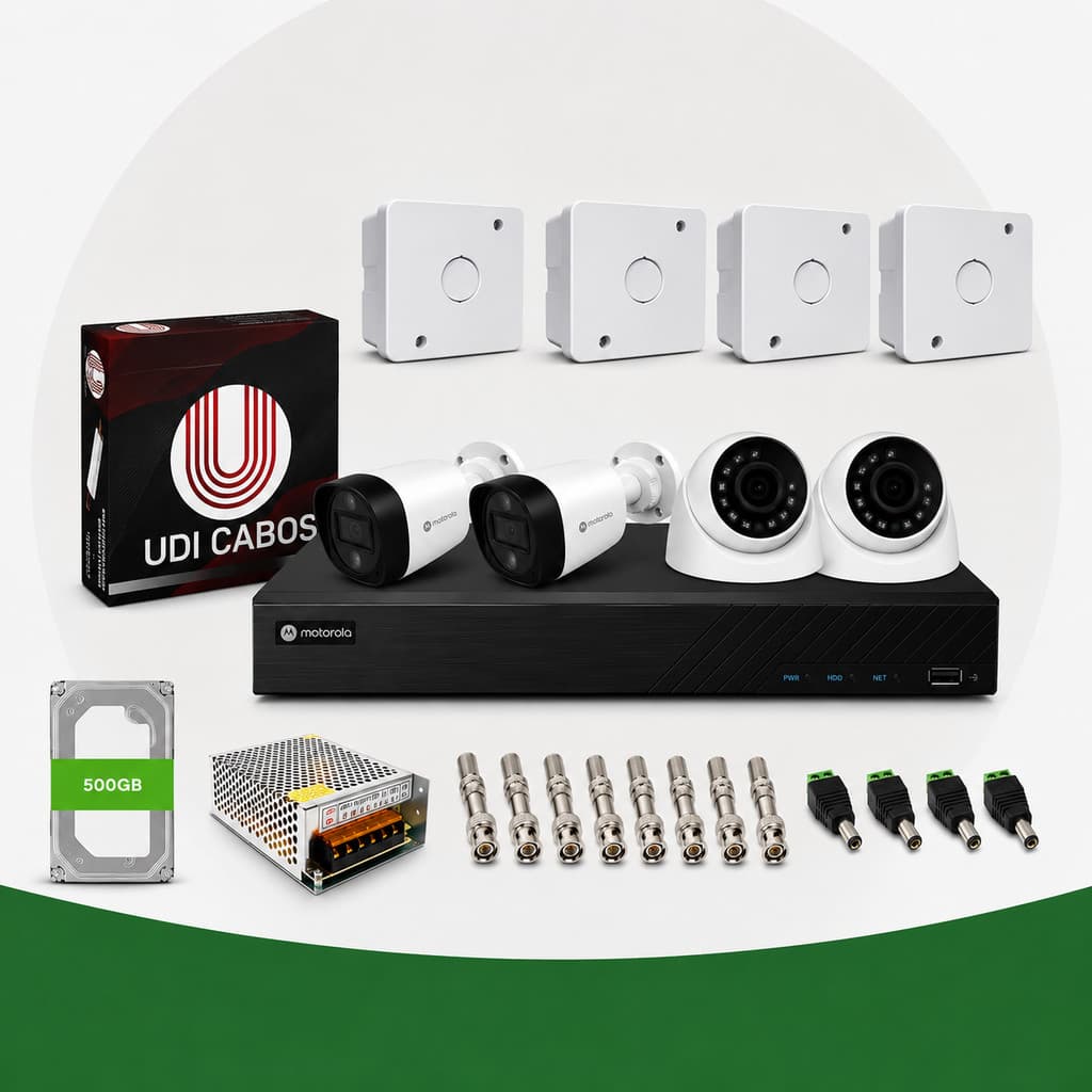Kit Segurança CFTV Motorola 4 Câmeras Full HD DVR 4 Canais com HD 500GB Acesso Remoto