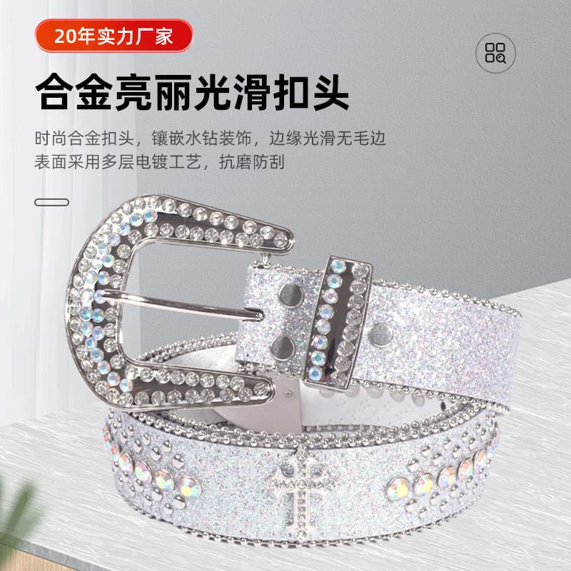 ⭐ ⭐ Cinto Unissex com Padrão de Crocodilo e Fivela Decorativa com Strass, Design Cruzado, Nova Moda Urbana em Denim ⭐ ⭐