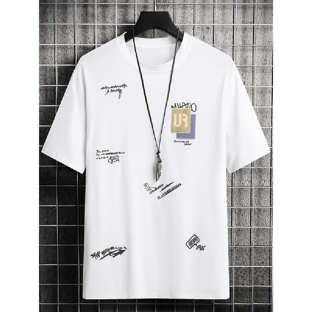 Camiseta de manga curta masculina branca em torno do pescoço verão moda masculina camiseta versão coreana na moda magro-