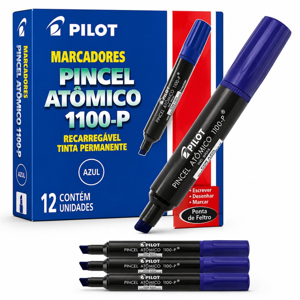 Pincel Marcador Atômico Azul Pilot 1100-P Recarregável Permanente Caixa Com 12 Unidades