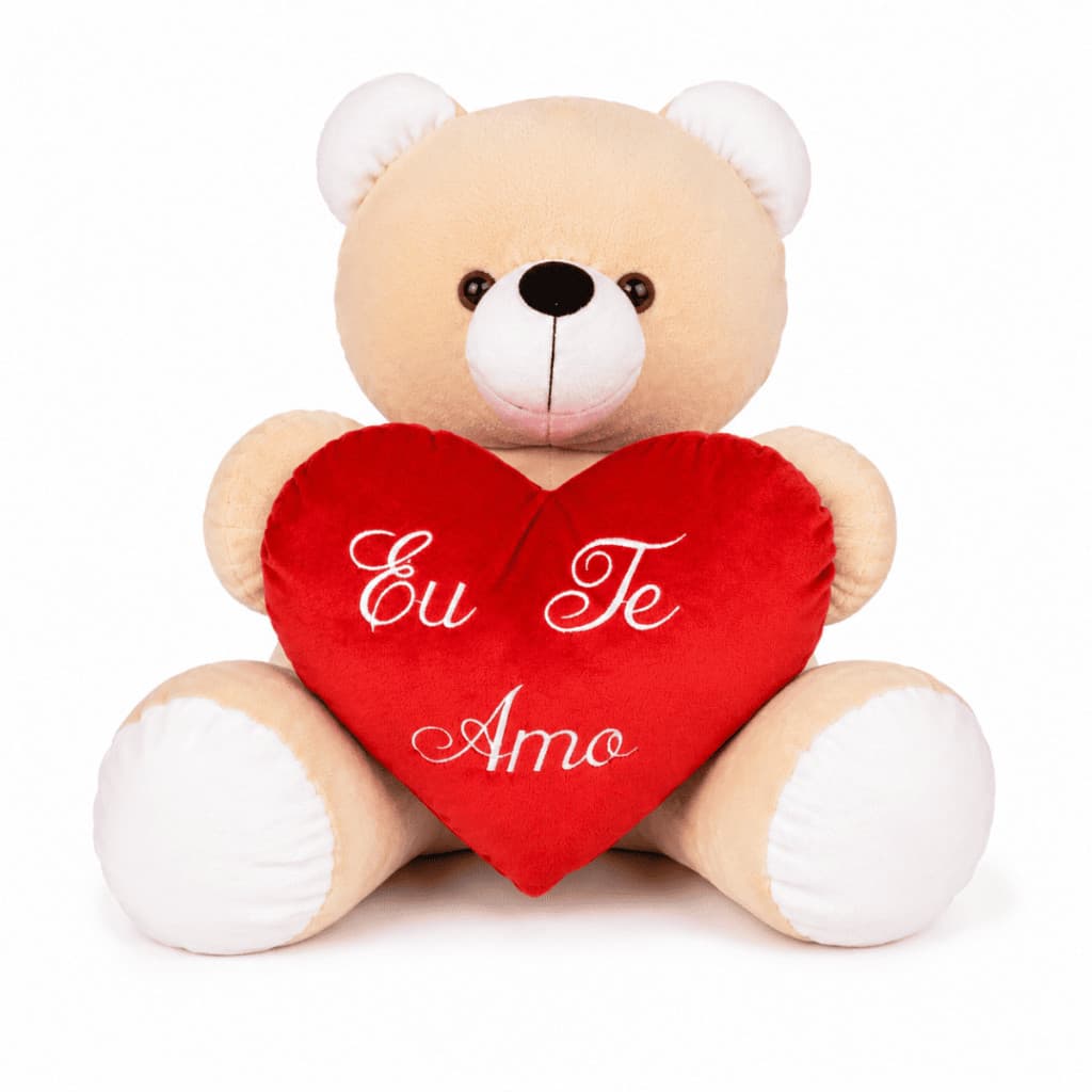 Urso Grande Pelúcia 45cm Com Coração Bordado Eu Te Amo Presente Especial