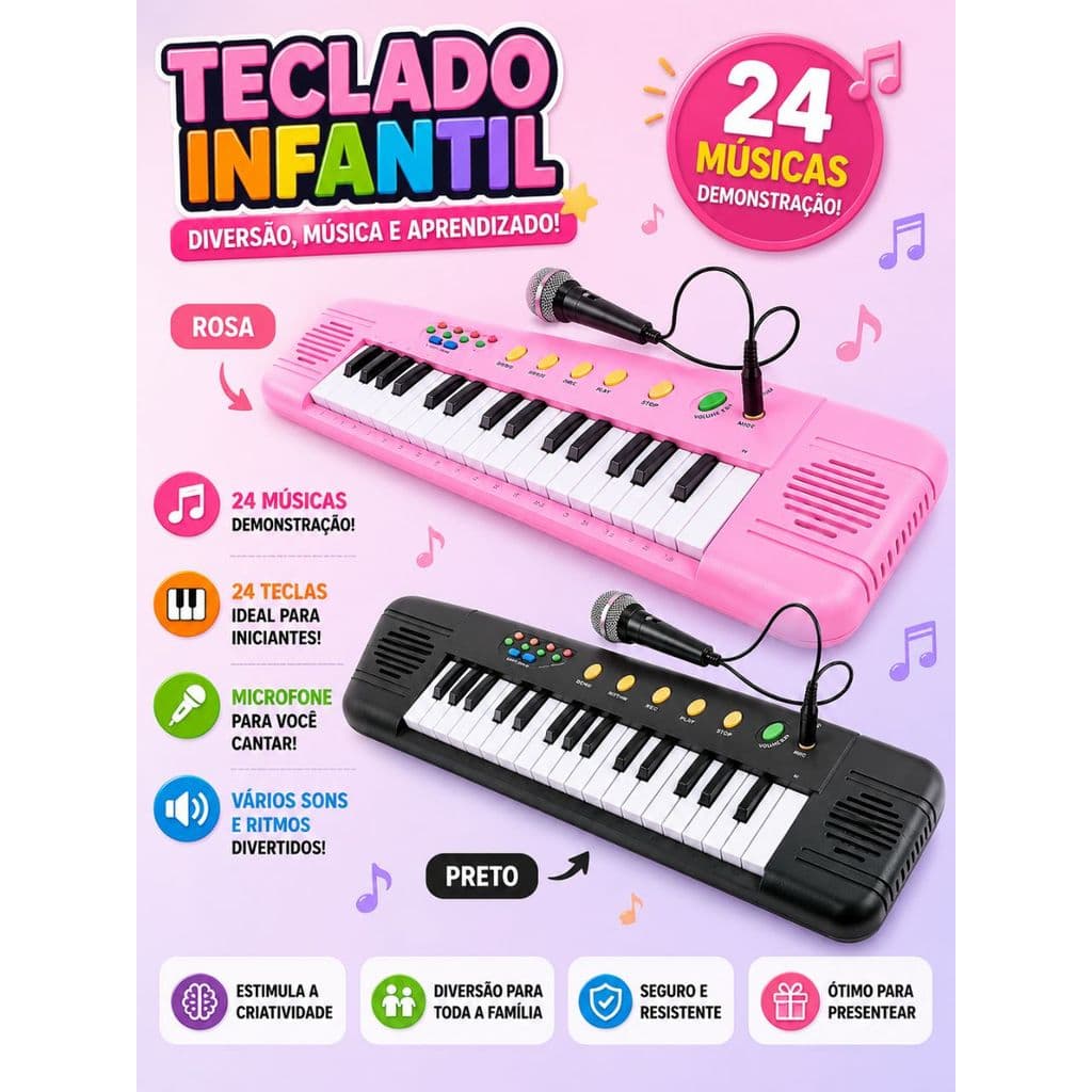 Brinquedo Musical Teclado Karaokê Infantil com Microfone Menino e Menina