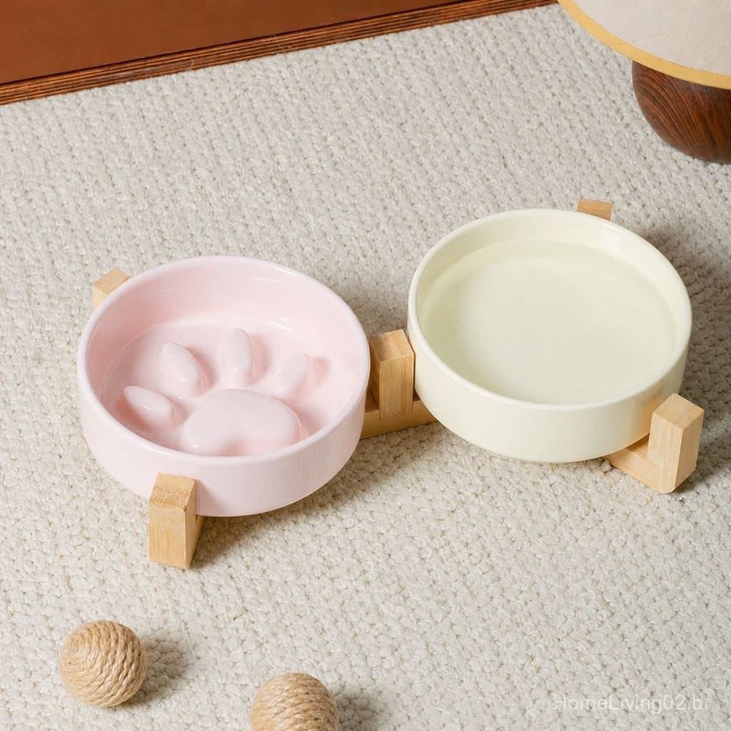 Tigela de alimentação lenta para gatos de porte médio com suporte, tigela de cerâmica para gatos e cães, tigela anti-der