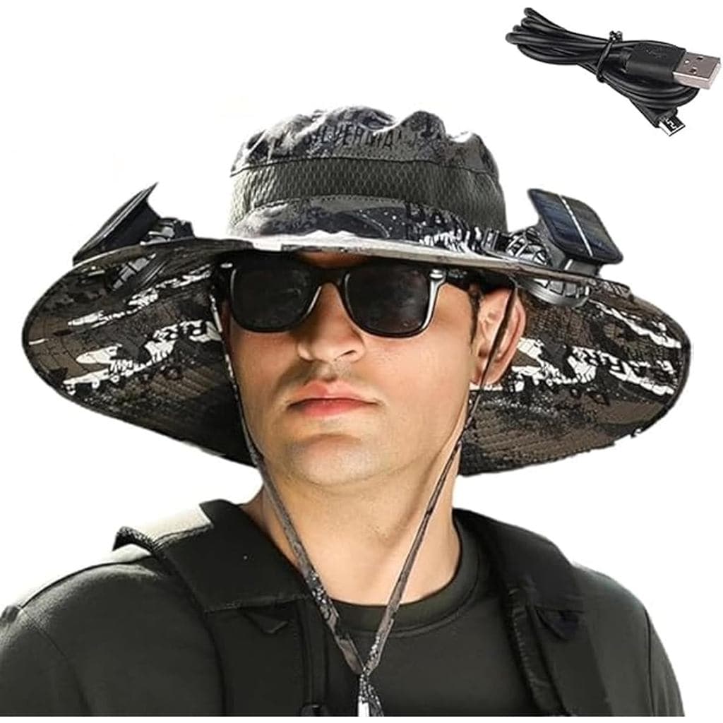 Chapéu de Sol de Aba Larga com Ventilador - Chapéu com Ventiladores Solares Integrados, Chapéu Grande para Pesca com Ven