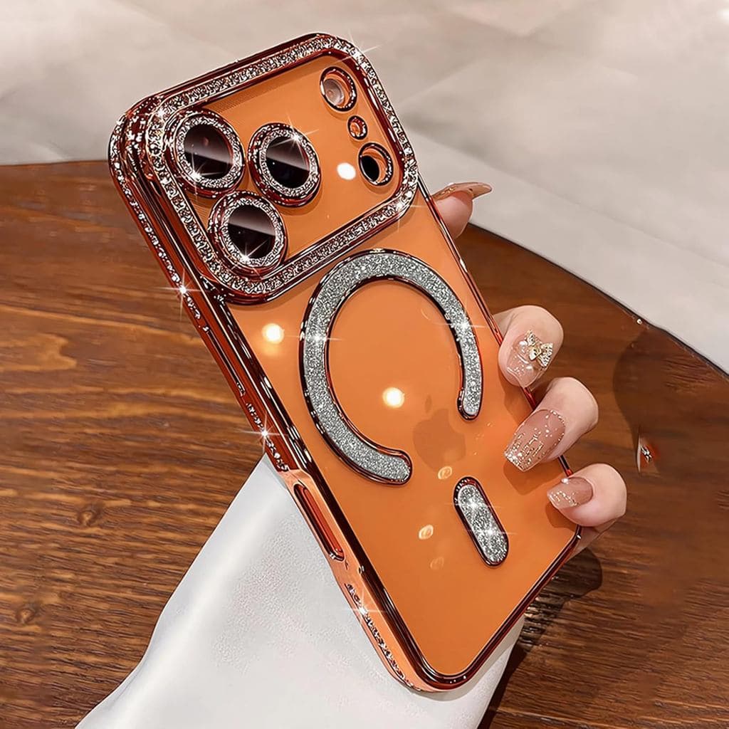 Capa Magnética Transparente com Glitter para iPhone 17 Pro Max Compatível com MagSafe, Capas de Lente de Câmera com Diam