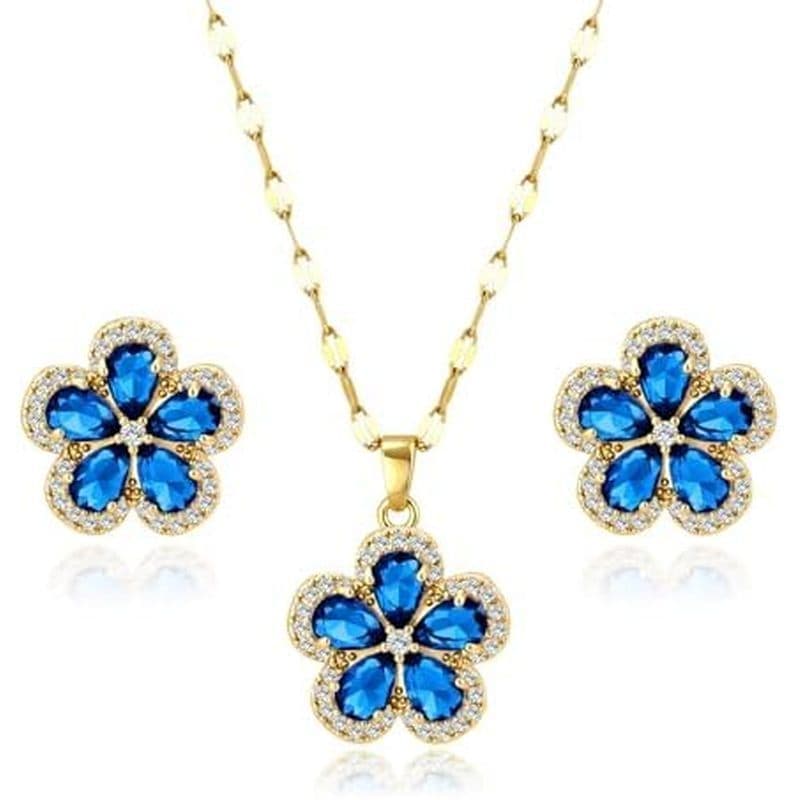 Conjunto De Joias De Flor De Safira Para Mulheres , Colar E Brincos Banhados A Ouro 14K , Corrente Ajustável , Delicado