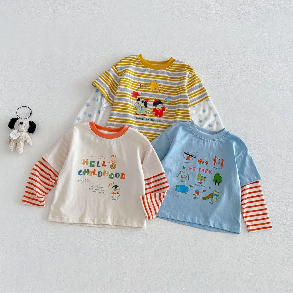 Bebê listrado camiseta primavera outono versão coreana crianças dos desenhos animados falso camisa de fundo de duas peça