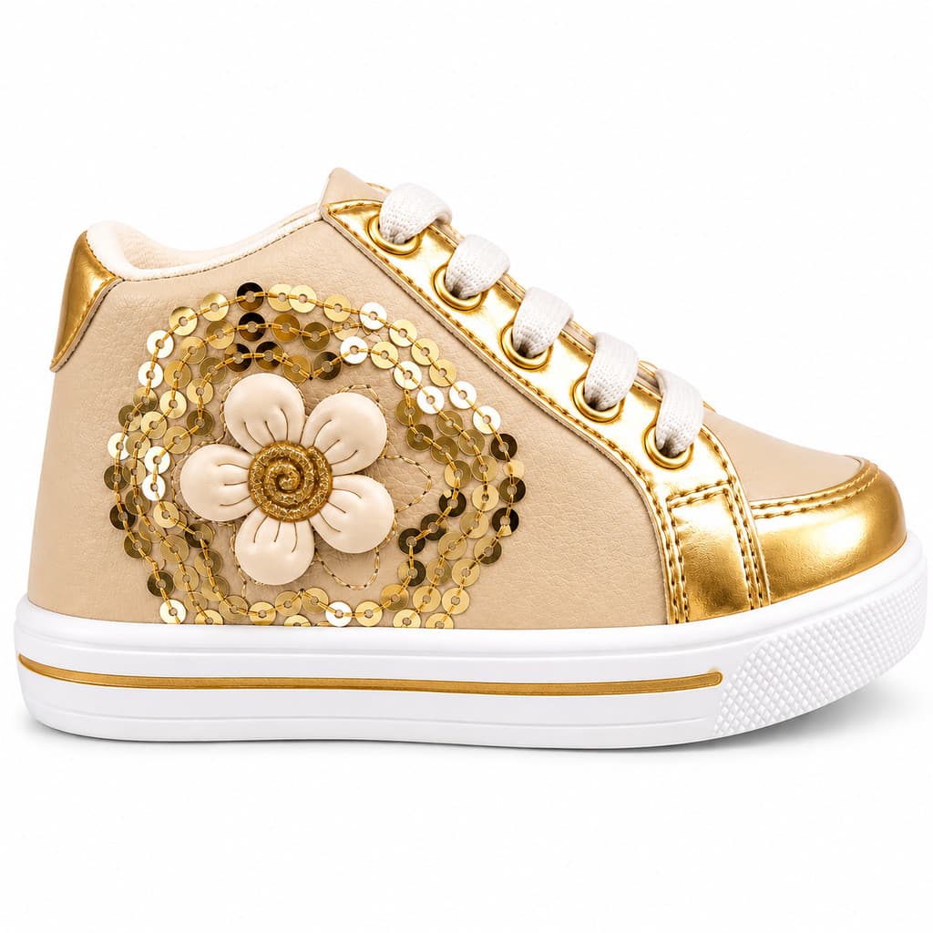 Tênis Bebe Infantil Feminino Dourado Casual Flor Paetê Cano Alto