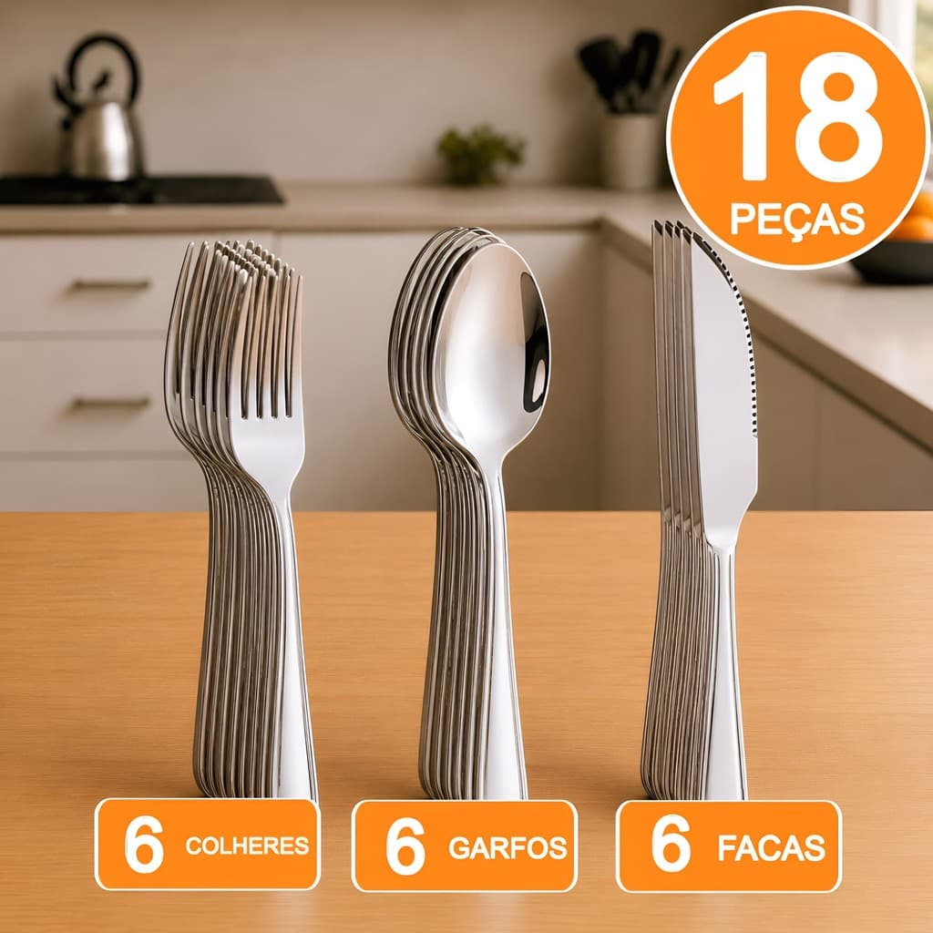 Conjunto De Talheres Prata Aço Inox 18 Peças Para Cozinha Restaurantes Jogo Garfos Facas e Colheres Qualidade
