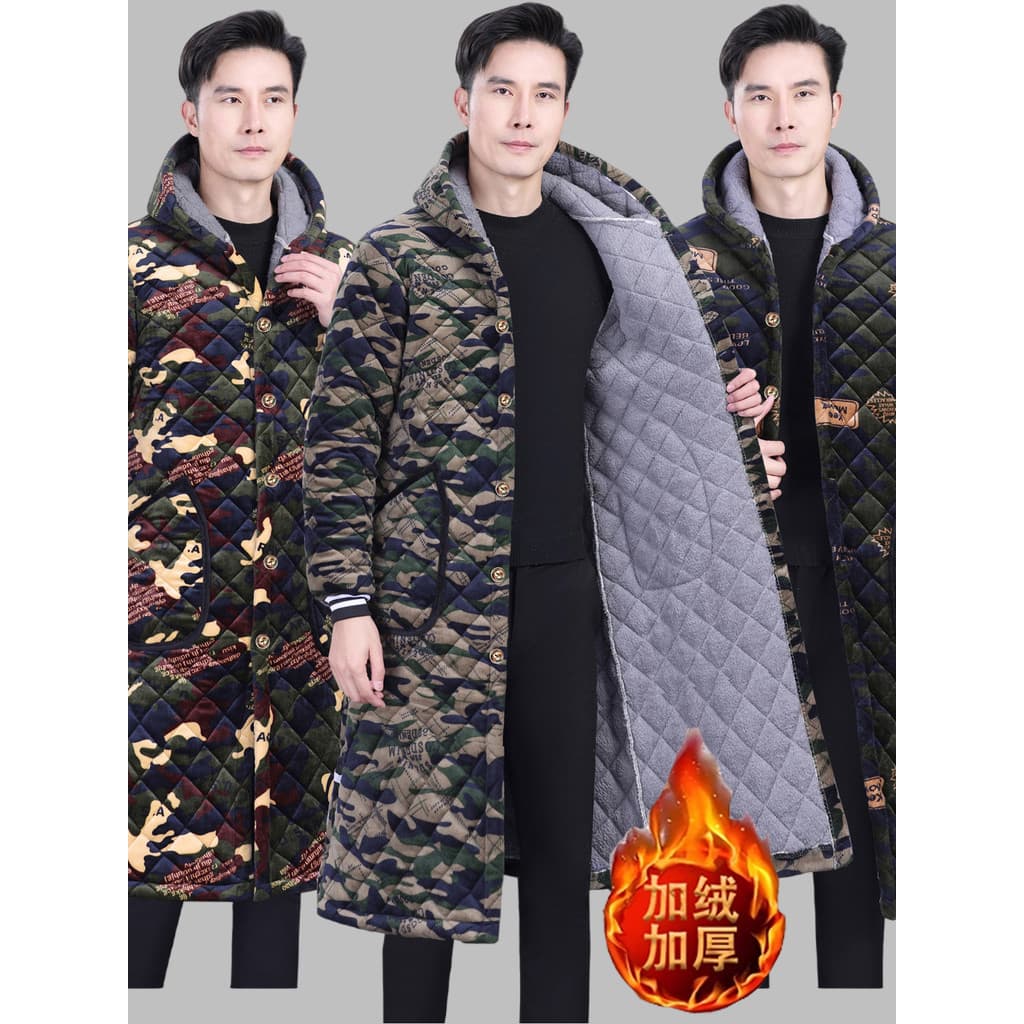 Jaqueta masculina de inverno camuflada com capuz acolchoada de algodão acolchoada de lã espessada Extra longa sobre
